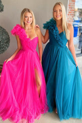 A-Line One Shoulder Long Tulle Prom Dress with Ruffles